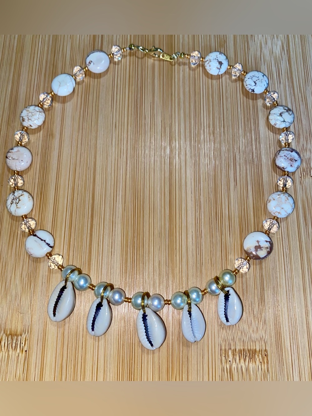 Handcrafted White Howlite, Crystal and Shell Charm Necklace